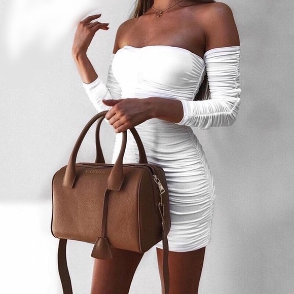 NEW BLACK Scrunch mini off shoulder dress cute - Picture 6 of 7